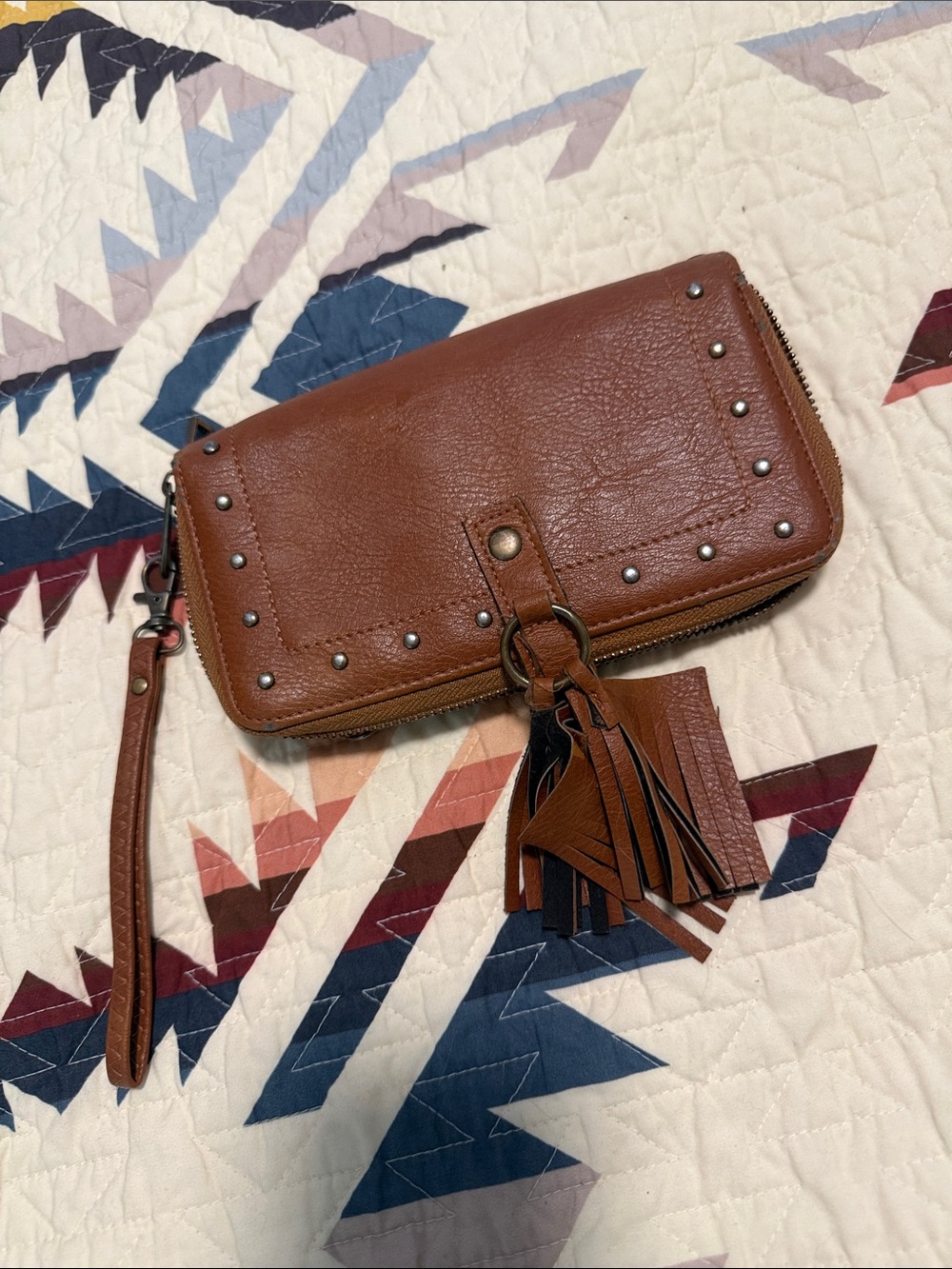 Under One Sky Brown Leather Tassel Wristlet Clutch